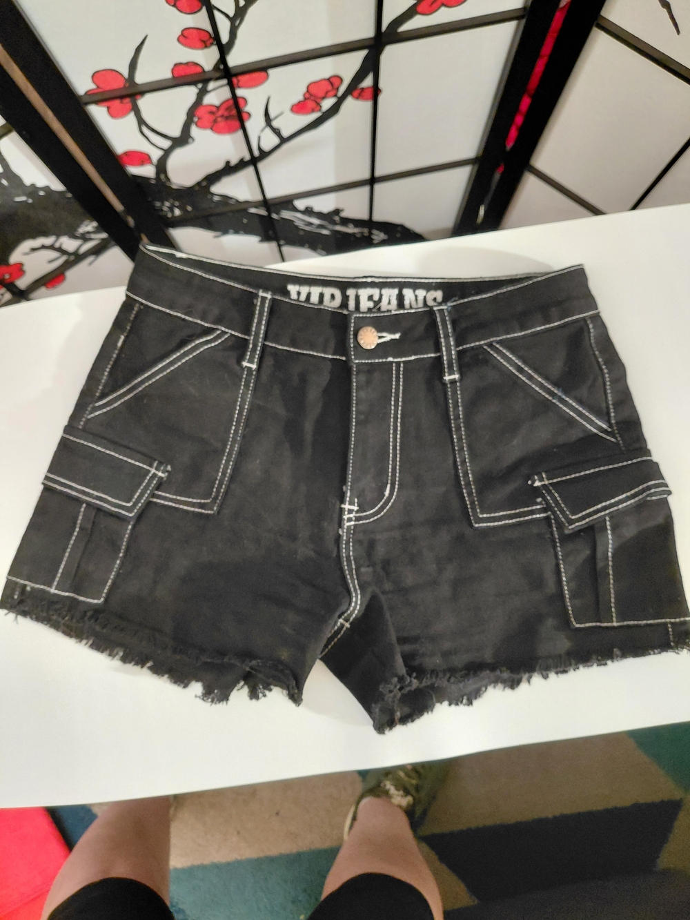 VIP Black Denim Cargo Shorts with Contrast Stitching